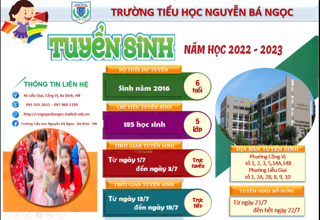 Trường Tiểu học Nguyễn Bá Ngọc thông báo tuyển sinh năm học 2022 - 2023