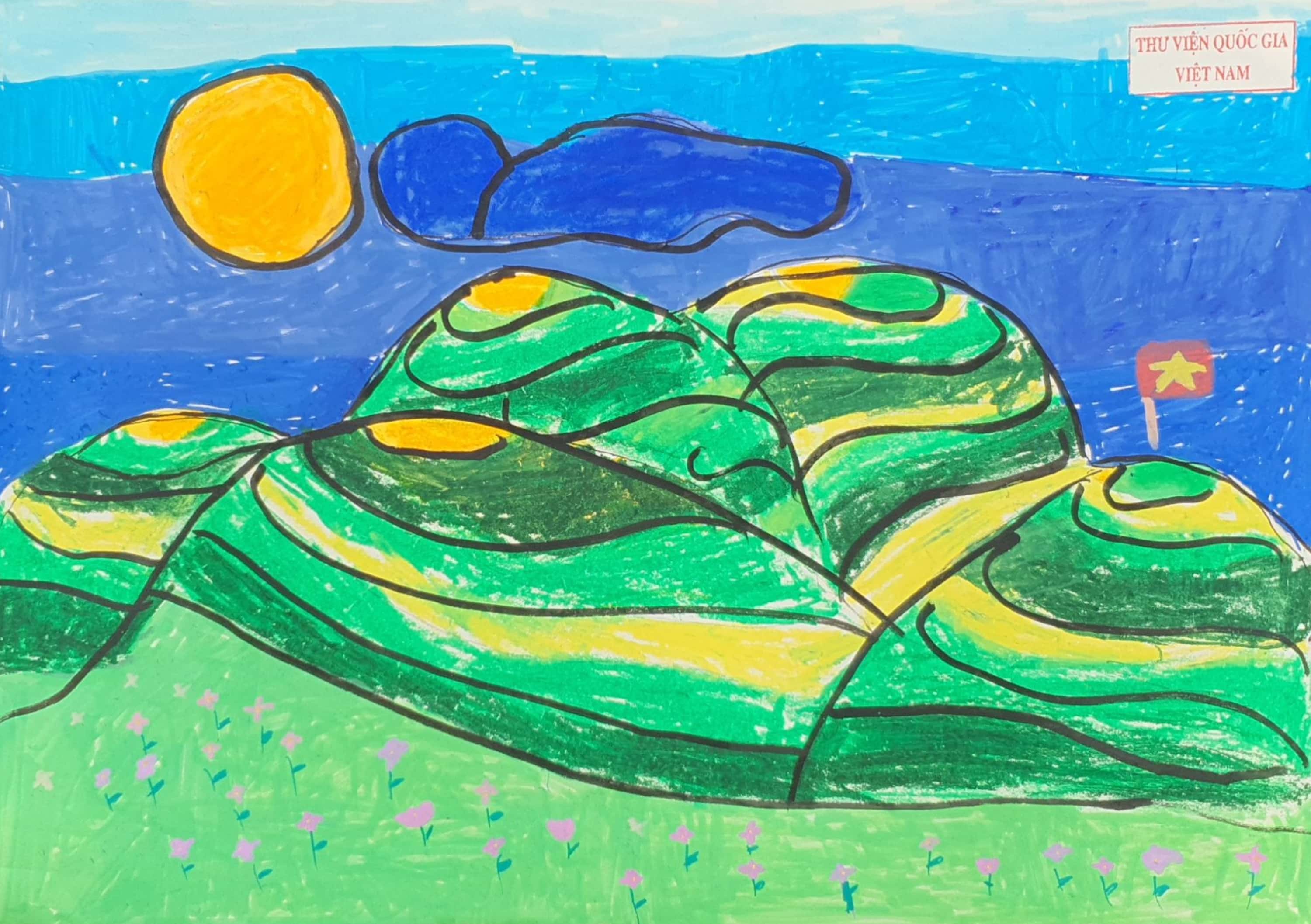 A drawing of a green hills and sun

Description automatically generated