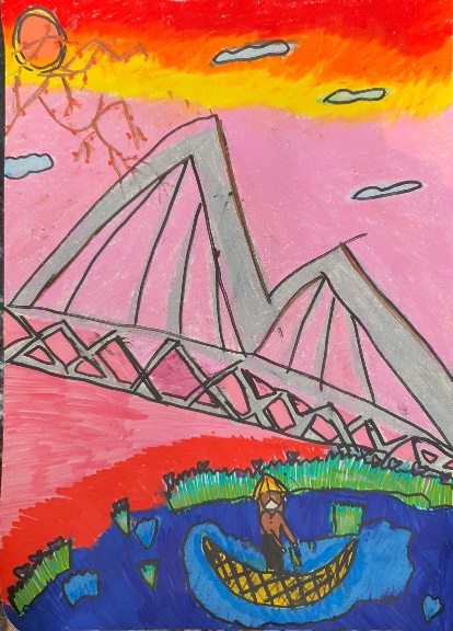 A drawing of a bridge and a sun

Description automatically generated