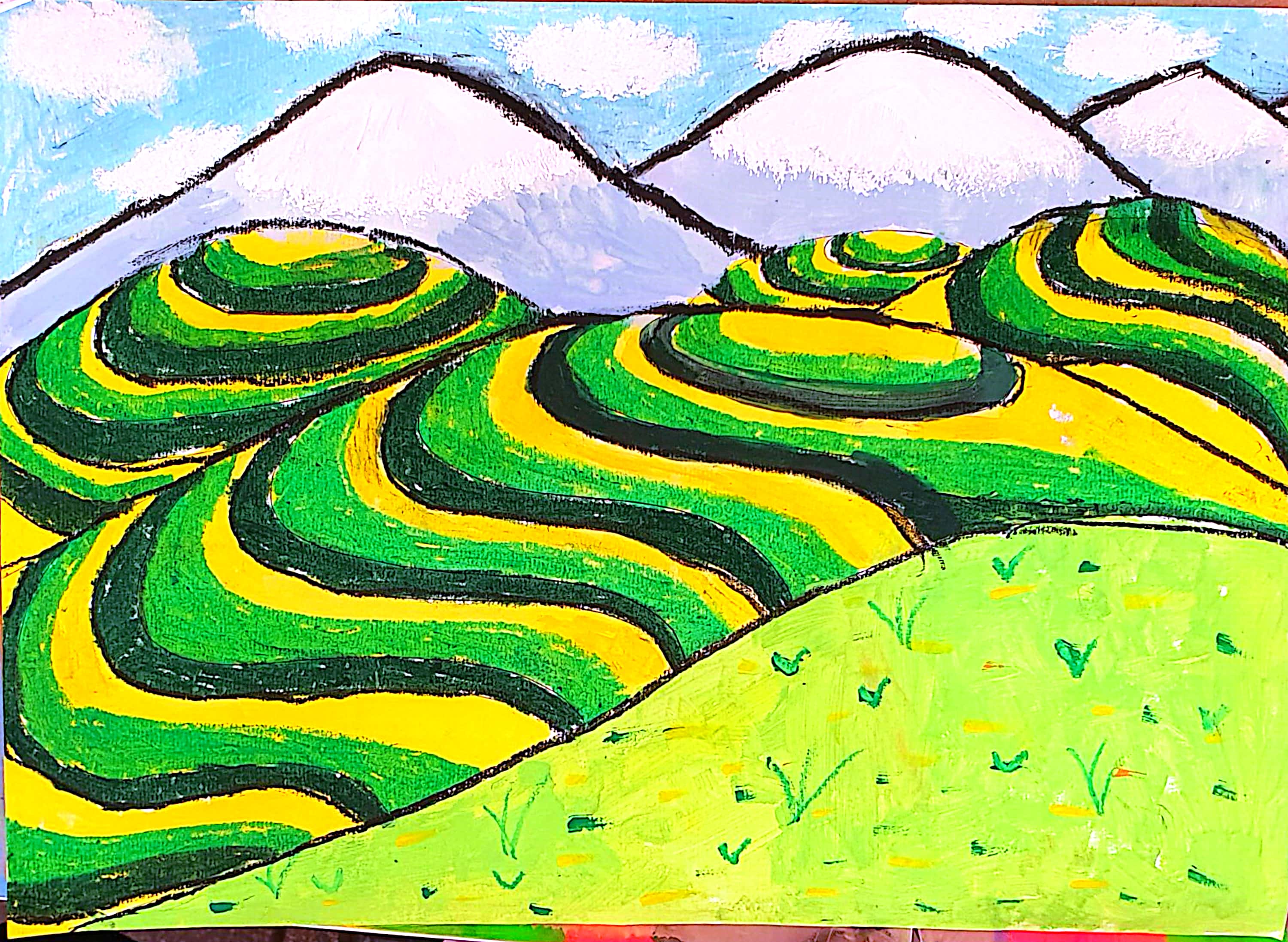 A drawing of a green and yellow hills

Description automatically generated